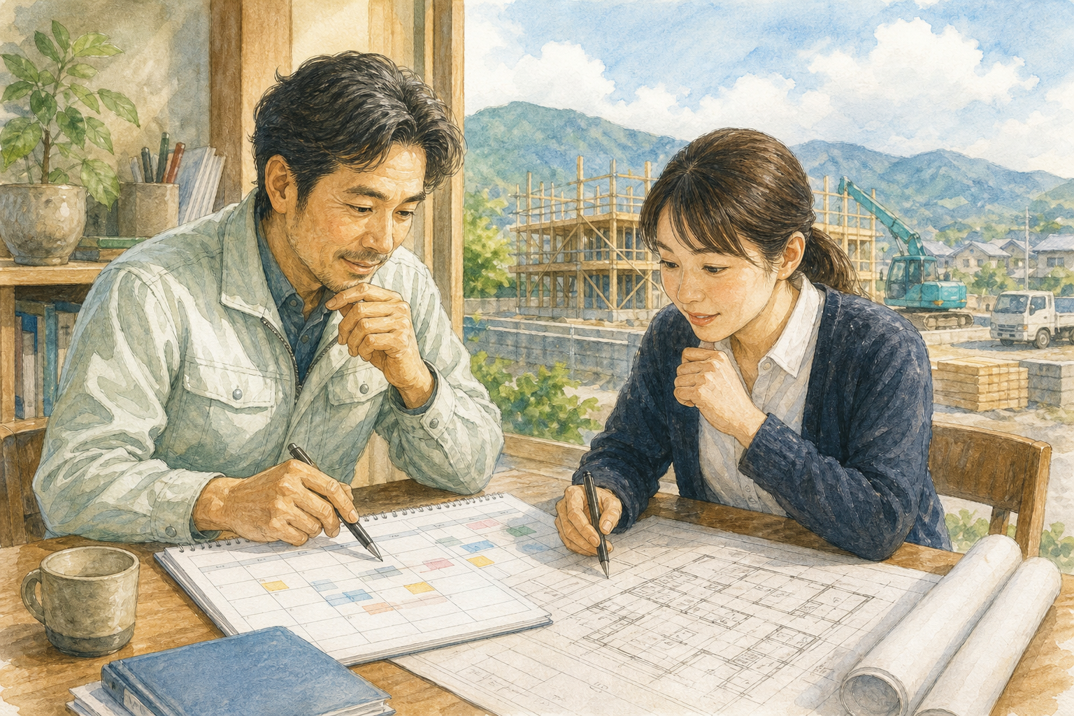 建設会社の年間予定を確認するイラスト