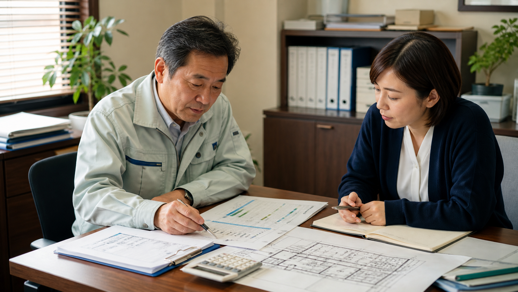 建設会社の担当者が年間予定と決算資料を確認する場面